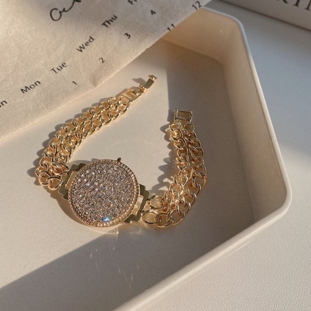 Gold Tone Rhinestone Chain Bracelet Size 7 Statement Glam Bracelet Chunkey